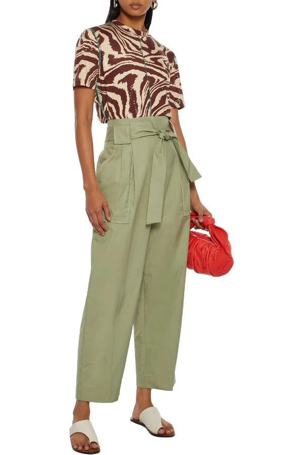 Liane cropped belted pleated cotton-twill straight-leg pants