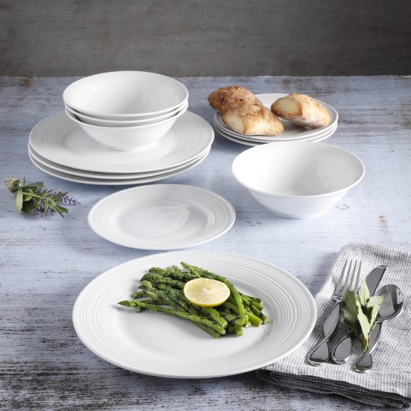 Everyday Embossed 12-Piece White Dinnerware Set
