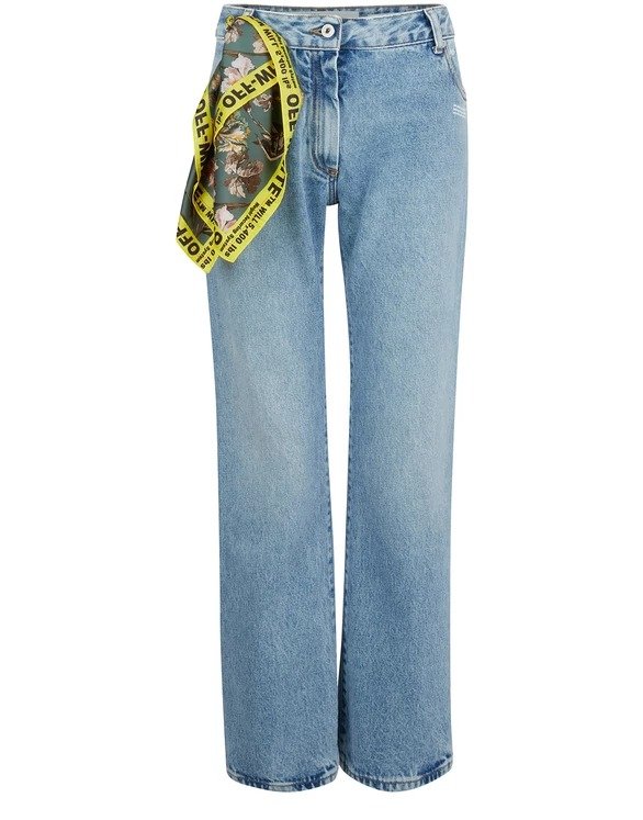 Washed-out jeans with foulard belt