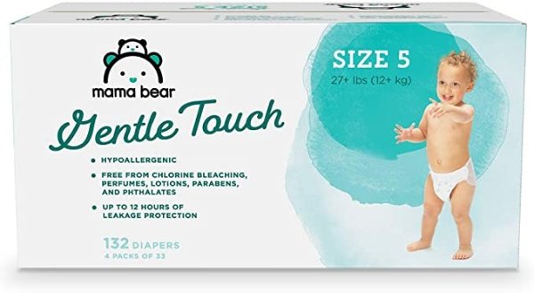 Gentle Touch Diapers, Hypoallergenic, Size 5, 132 Count (4 packs of 33)