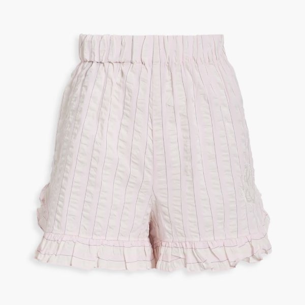 Cherry Blossom ruffled striped organic cotton-seersucker pajama shorts