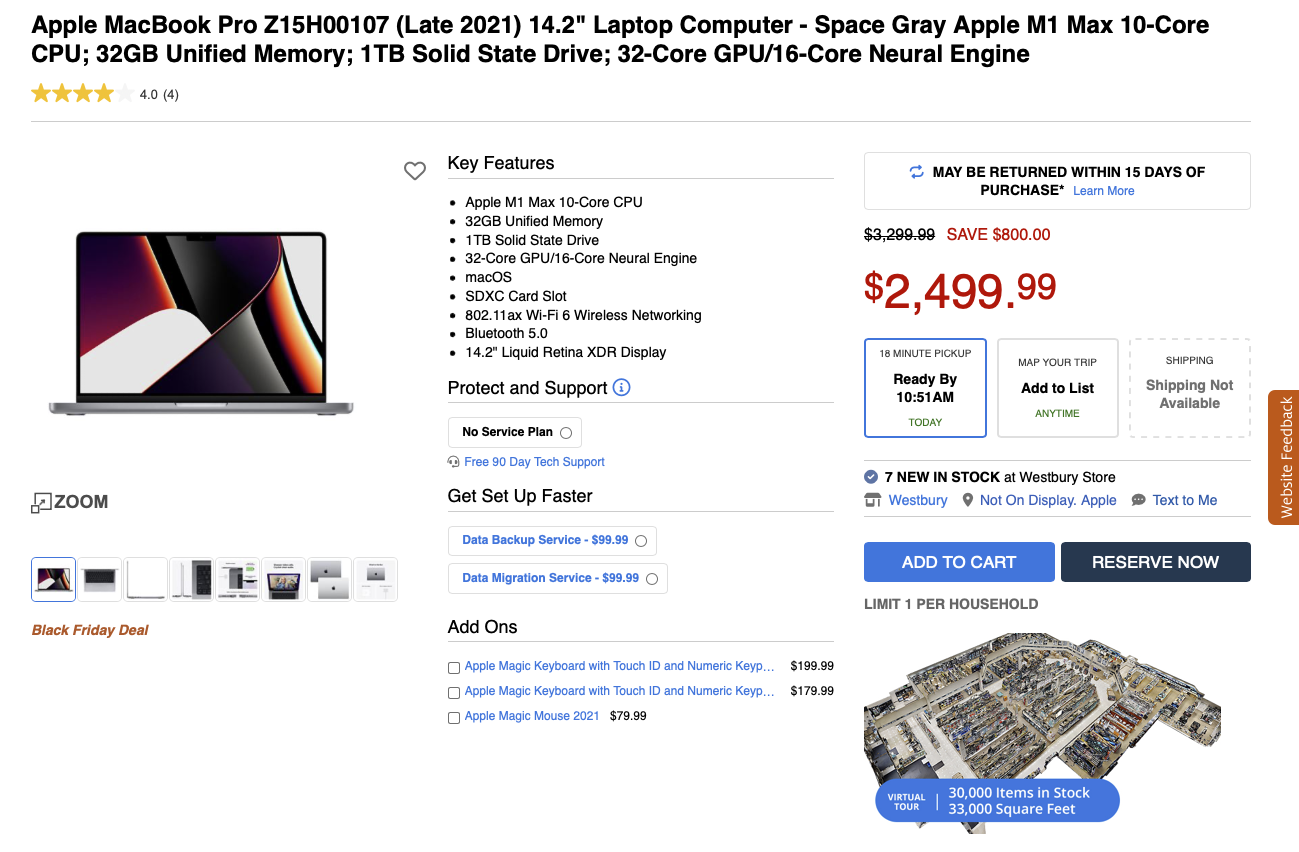 Apple MacBook Pro Z15H00107 (Late 2021) 14寸 Space Gray; M1 Max 10核CPU 32核GPU; 32GB 1TB