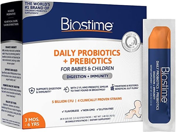 Biostime Powder Probiotics + Prebiotics with 2'-FL HMO for Babies, Infants & Children | 3 Months to 6 Years | Daily Supplement Supports Digestion, Gut Flora & Immunity | 28 Single Stick Packs