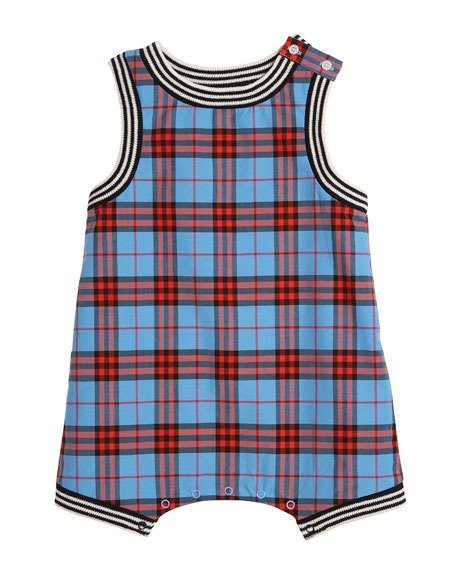 Michael Check Playsuit w/ Ribbed Knit Trim, Size 1-24 Months