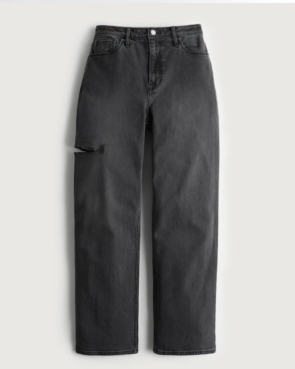 Ultra High-Rise Black Slashed Thigh Dad Jeans