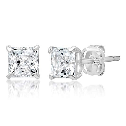 14k Solid Gold PRINCESS Stud Earrings with Genuine Swarovski Zirconia | 1.0 to 3.0 CTW | With Gift Box