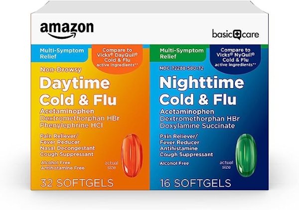 Amazon Basic Care Cold Flu Relief Multi-Symptom Daytime Night time Combo Pack Softgels; Cold Medicine, Nitetime: Green; Daytime: Orange, 48 Piece Assortment, 48 Count