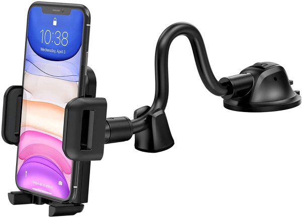Car Phone Mount, Dashboard Windshield Car Phone Holder with Long Arm, Strong Sticky Gel Suction Cup, Anti-Shake Stabilizer Compatible iPhone 12 11 pro/11 pro max/XS/XR/X/8/7,Galaxy, Moto and More