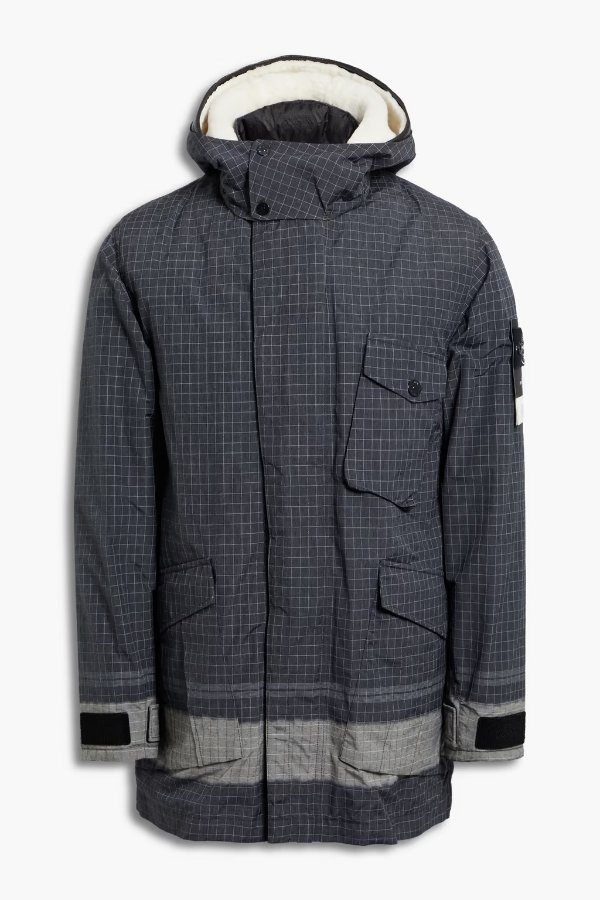 Faux shearling-trimmed checked shell hooded down coat