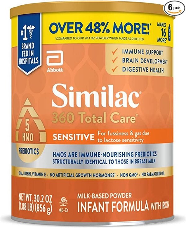 360 Total Care Sensitive Infant Formula, with 5 HMO Prebiotics, for Fussiness & Gas Due to Lactose Sensitivity, Non-GMO, Baby Formula Powder, 30.2-oz Can (Case of 6)