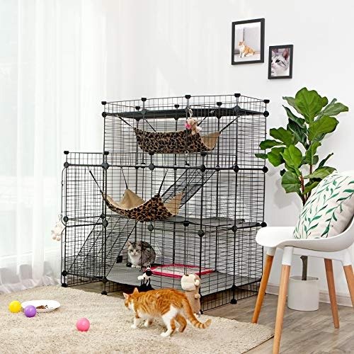 SONGMICS Multi-Tier Cat Playpen,Cat Cage, Cat Condo, Large Customizable 3-Door Wire Pet Home, with Hammocks, Balcony, Ramps, Doors and Locks, Black ULPI04H