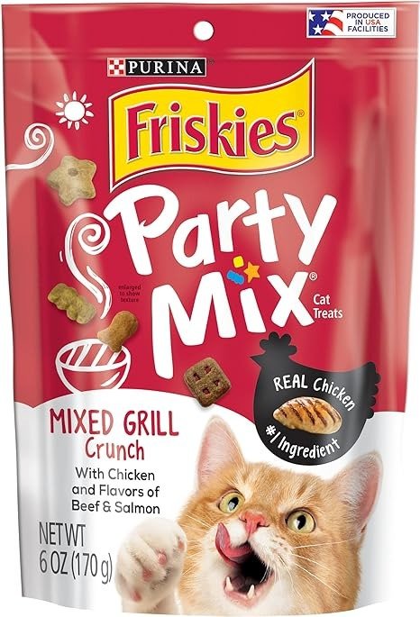 Friskies Made in USA Facilities Cat Treats, Party Mix Mixed Grill Crunch - (6) 6 oz. Pouches