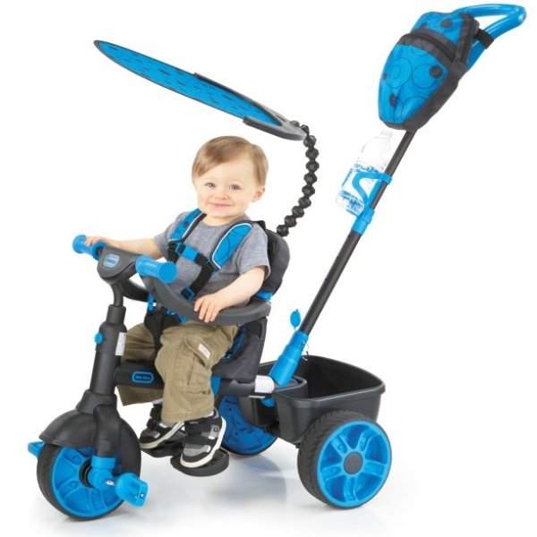 4-in-1 Deluxe Edition Trike in Neon Blue, Convertible Tricycle for Toddlers with 4 Stages of Growth and Shade Canopy- For Kids Boys Girls Ages 9 Months to 3 Years Old