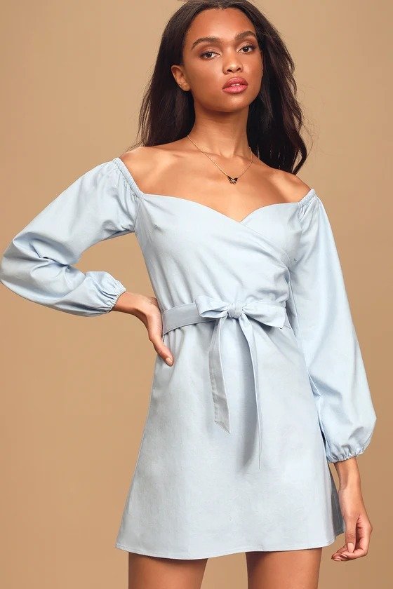 Pure Serenity Light Blue Off-the-Shoulder Puff Sleeve Mini Dress