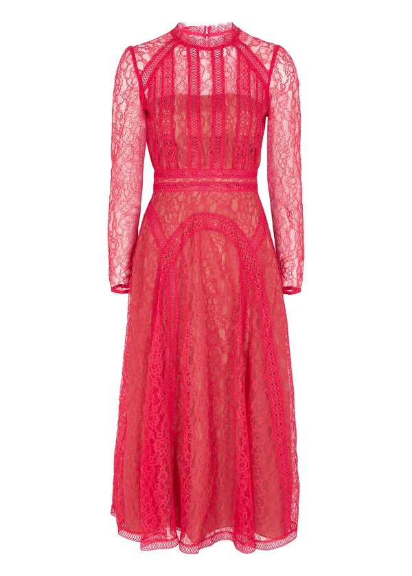Hot pink guipure lace midi dress