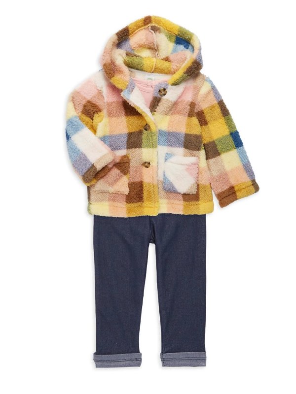 Baby Girl's 3-Piece Checked Faux Fur Jacket, T-Shirt & Pants Set