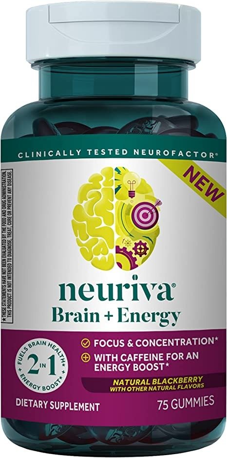 Brain + Energy Gummies, Nootropic Brain Supplement for Focus & Concentration with Neurofactor, Vitamin B12 & Caffeine for an Energy Boost*, 75ct Natural BlackBerry