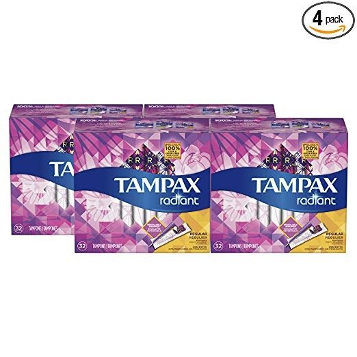 Radiant Plastic Tampons,Regular Abosorbency, Unscented, 32 Count, Pack of 4 (Total 128 Count)