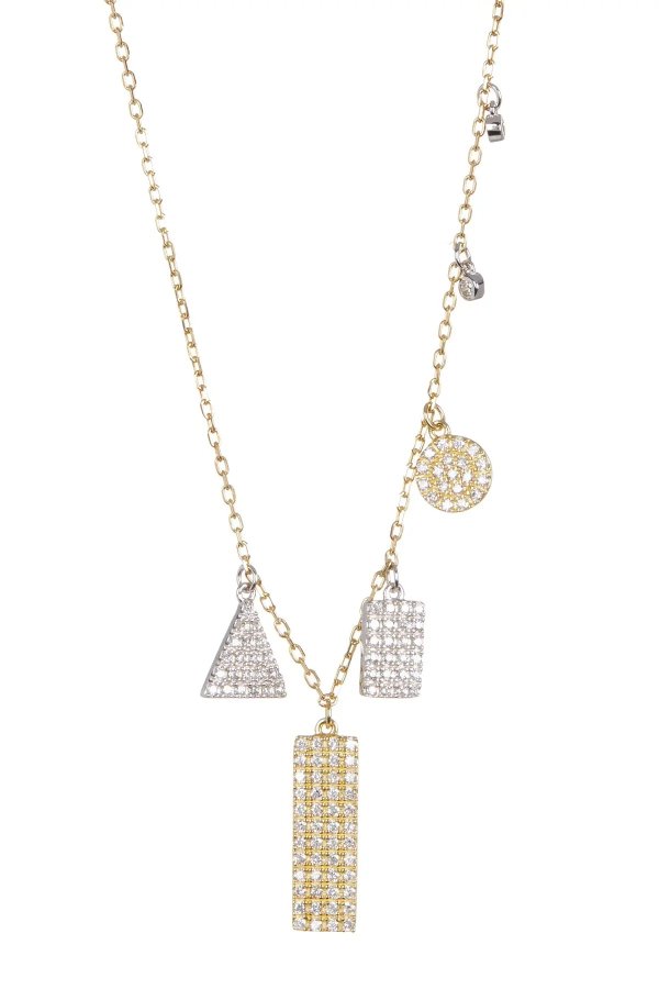 Gold Plated Sterling Silver Multi Shaped Pave Swarovski Crystal Accented Pendant Necklace