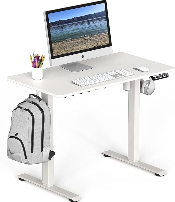 SHW Small Electric Height Adjustable Sit Stand Desk with Hanging Hooks and Cable Management, 40 x 22 Inches, White Frame and White Top