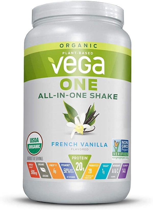 One Organic, French Vanilla, Meal Replacement Protein Powder,n, Plant Based, Superfood, Vitamins, Probiotics, Dairy Free, Gluten Free, Pea Protein for Women and Men, 1.5 Pounds (18 Servings)