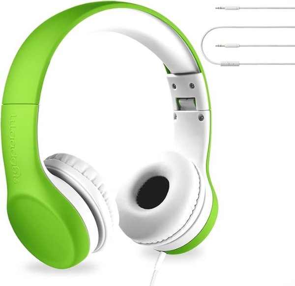 Connect+ Kids Headphones Wired with Microphone, Volume Limiting for Safe Listening, Adjustable Headband, Cushioned Earpads for Comfort, School Headphones for Kids, Green