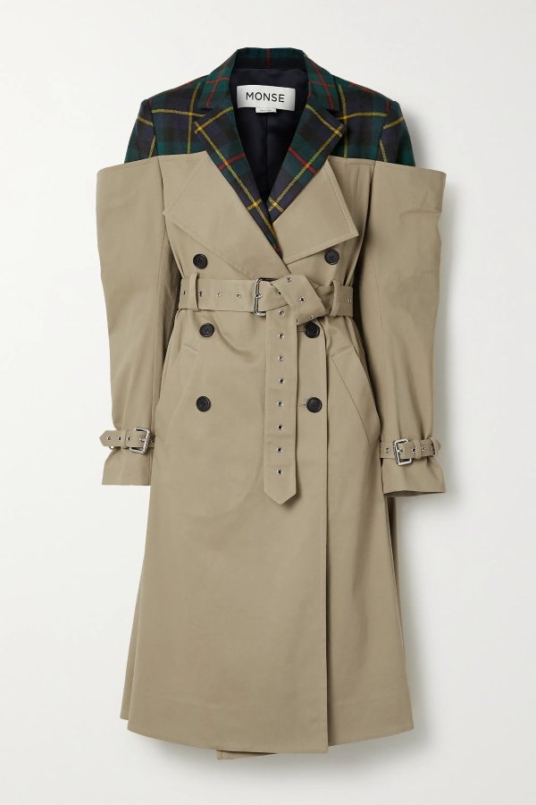Deconstructed checked wool-twill and cotton-blend gabardine trench coat