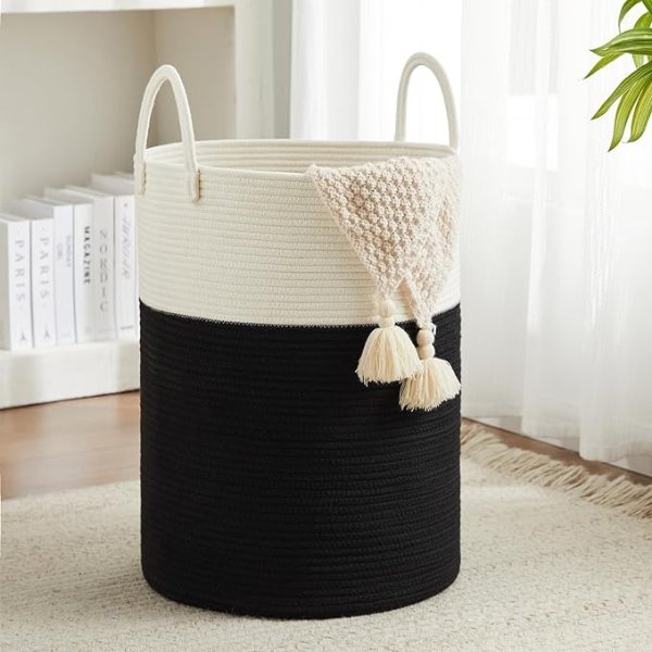 TECHMILLY Woven Rope Laundry Basket by TECHMILLY, 58L Baby Nursery Hamper for Clothes Blanket Storage, Large Tall Laundry Hamper for College Dorm, Bedroom, Living Room, Black & White