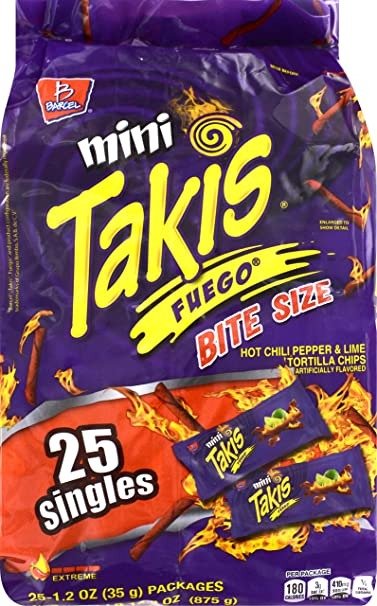 Mini Takis - Crunchy Rolled Tortilla Chips – Fuego Flavor (Hot Chili Pepper & Lime), 25 Individual Snack Packs (1.2 oz)