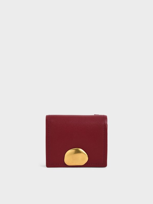 Red Metallic Accent Snap Button Card Holder | CHARLES &amp; KEITH