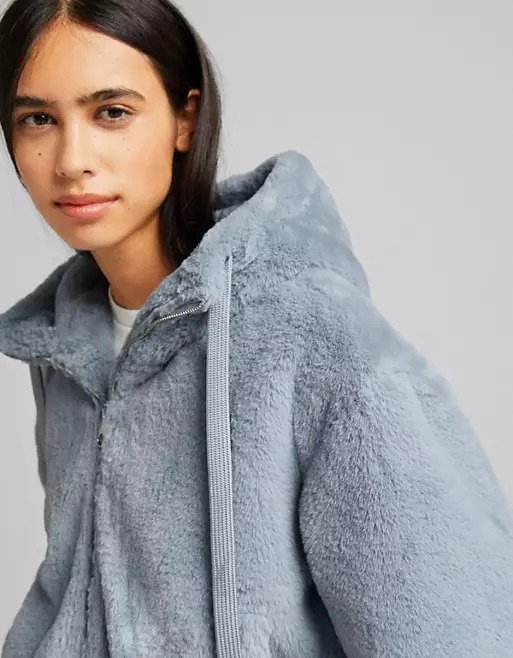 ASOS Bershka faux fur hooded jacket in blue 49.90