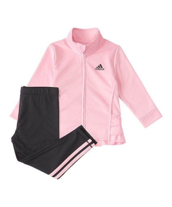 Light Pink Ruffle Track Jacket & Black Three-Stripe Leggings - Girls