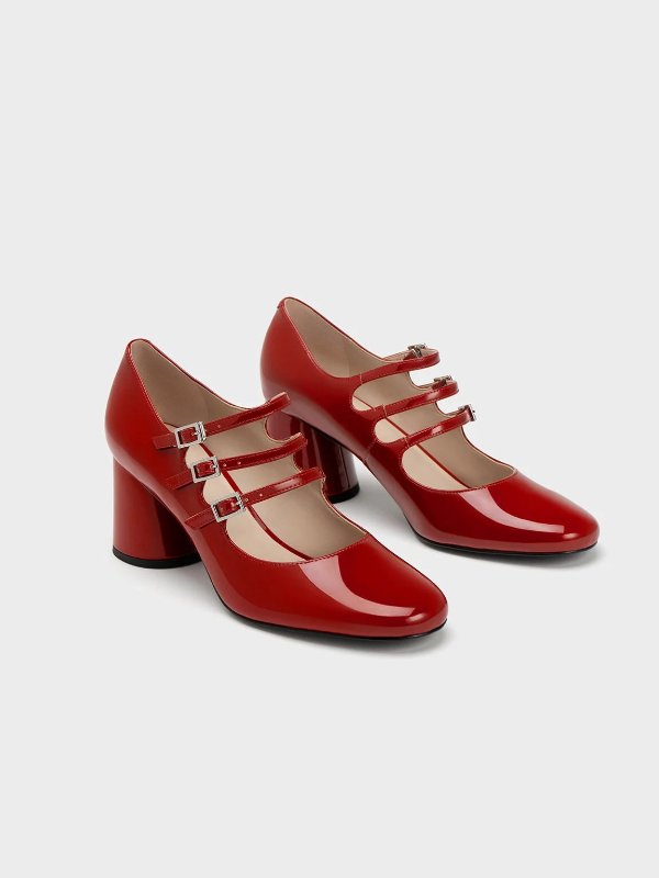 Claudie Patent Buckled Mary Janes - Red
