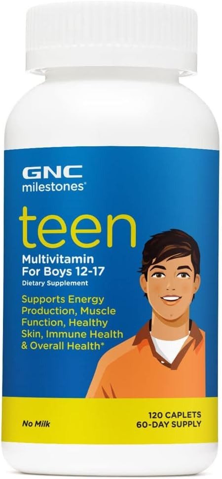 milestones Teen Multivitamin for Boys 12-17, Supports Energy, Muscle, Skin Immunity, 60 Servings, Caplet