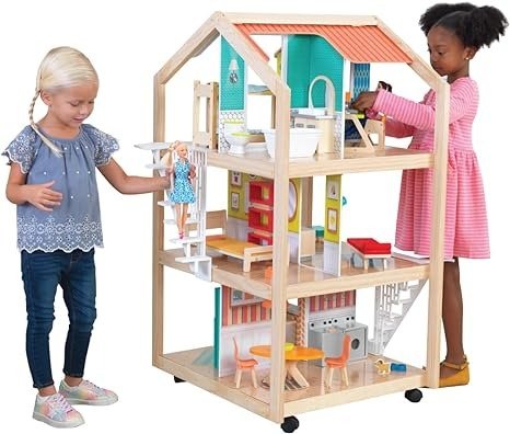 So Stylish Mansion Wooden Mid-Century 360-Play Dollhouse with Wheeled Base and 42 Accessories, Gift for Ages 3+