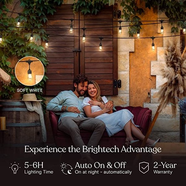 Brightech Ambience Pro Solar Powered Outdoor String Lights - Commercial Grade Waterproof Patio Lights with 48 Ft Edison Bulbs - Shatterproof LED Solar Outdoor String Lights - 1W LED, Soft White Light