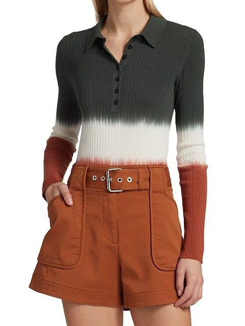 Lisel Rib-Knit Long Sleeve Polo Shirt