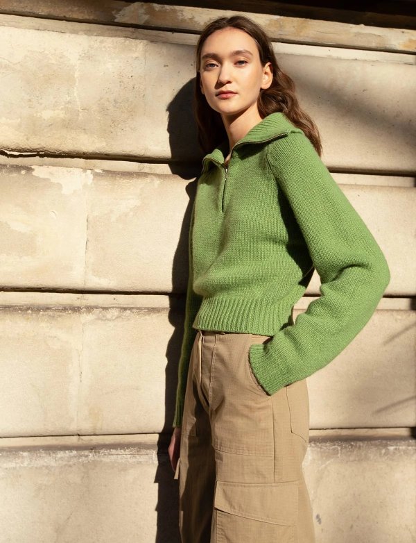 Green Polo Crop Zip Sweater