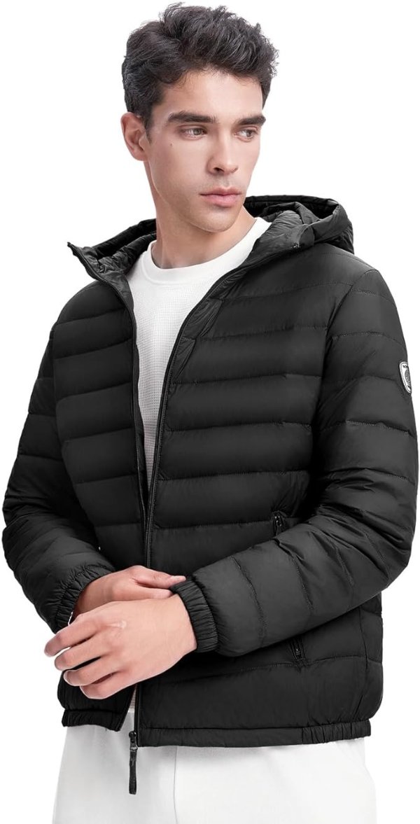 Lightweight Men's Down Jacket,Packable Water-Resistant Hooded Puffer Jacket Winter Coat for Outdoors Travel