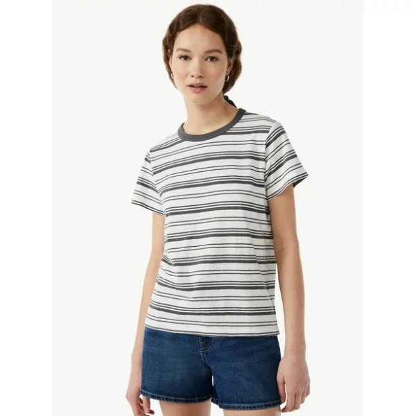 Free Assembly Women's Vintage Jersey Ringer Tee with Short Sleeves