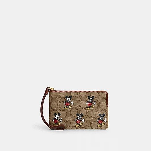 Disney X Coach Corner Zip Wristlet In Signature Jacquard With Mickey Mouse Print