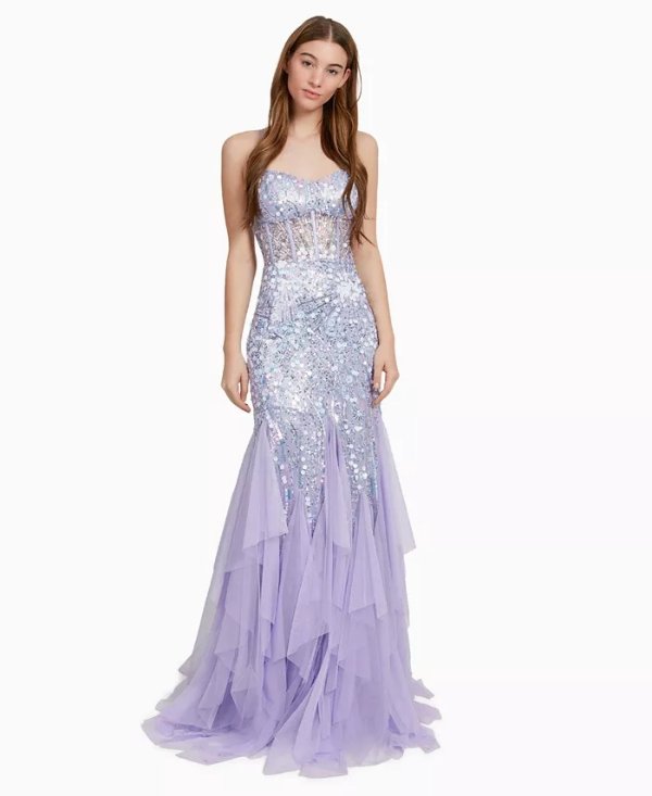 Juniors' Sequin Embellished Ruffle Trim Sleeveless Gown