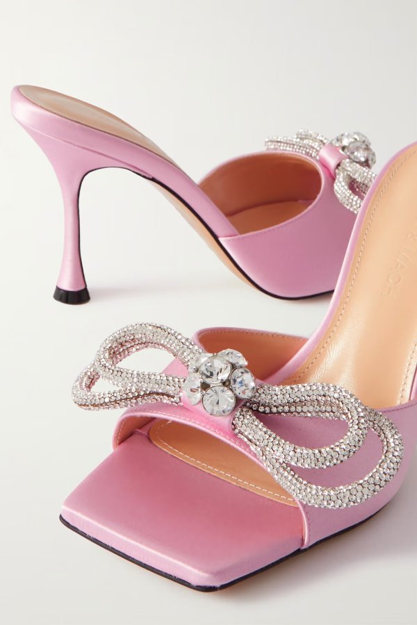 Double Bow crystal-embellished satin mules