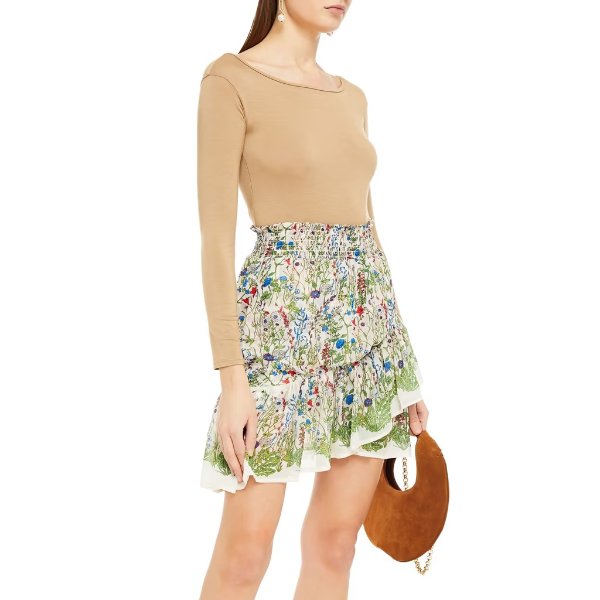 Jonquille ruffled floral-print crepe de chine mini skirt
