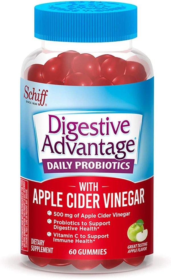 Apple Cider Vinegar Gummies + Probiotics for Digestive Health, ACV + Probiotic Gummies for Women & Men, Digestive Advantage (60ct Bottle), 1 Billion CFUs, Apple Flavor