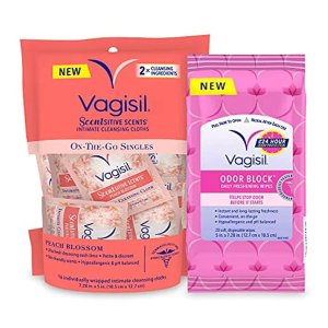 Vagisil Scentsitive Scents and Odor Block Wipes Bundle, 16 Individually Wrapped Peach Blossom Wipes and 20 Freshening Odor Block Wipes
