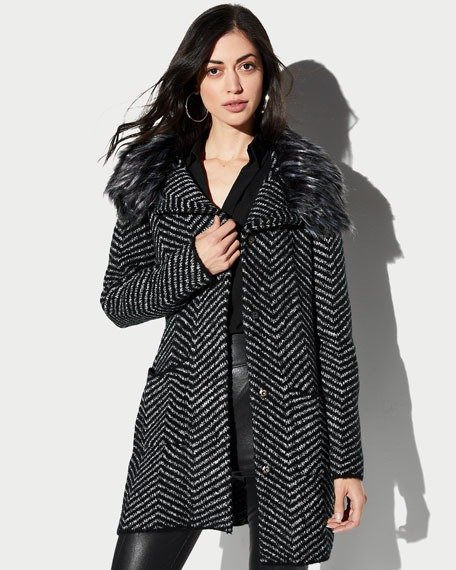 Faux Fur Collar Chevron Cardigan