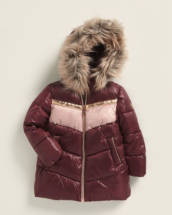 (Toddler Girls) Faux Fur-Trimmed Chevron Stadium Puffer Coat