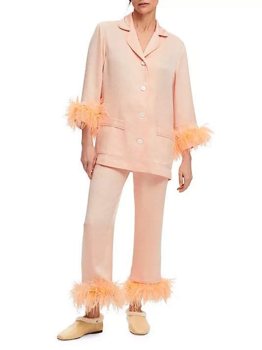 Party Feather-Trim Long-Sleeve Pajama Set