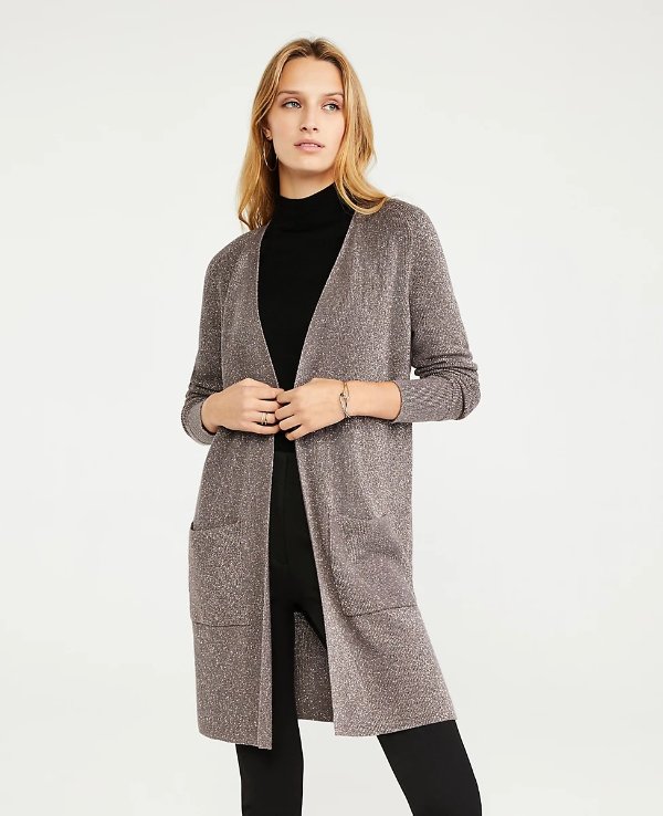 Petite Shimmer Ribbed Open Cardigan | Ann Taylor
